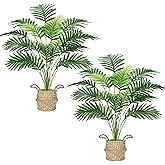 Der Rose 2Pcs Fake Palm Tree 28Inch Large Fake Potted Faux Areca Palm Plant with Hand-Woven Baskets with Handles for Indoor O