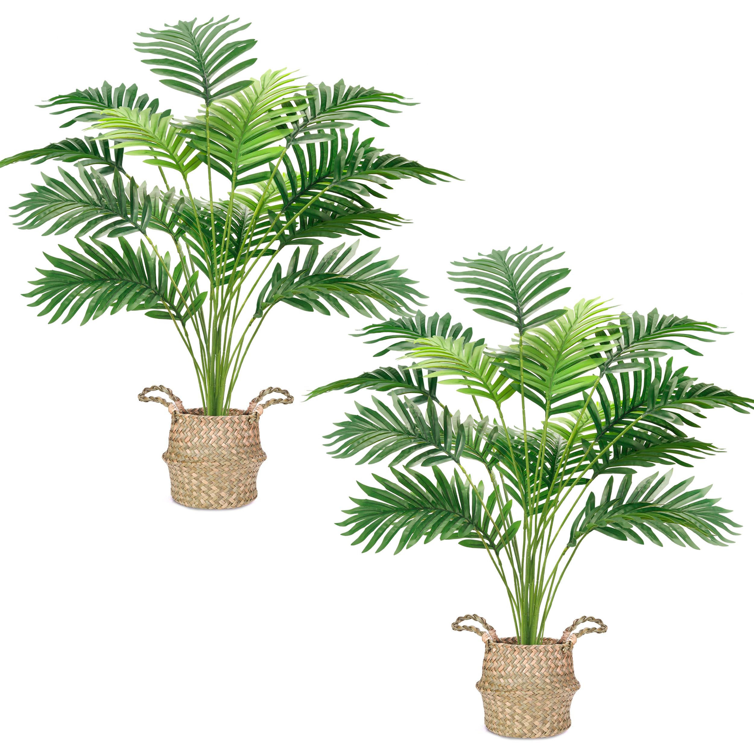 Photo 1 of Der Rose 2Pcs Fake Palm Tree 28Inch Large Fake Potted Faux Areca Palm Plant with Hand-Woven Baskets with Handles for Indoor Outdoor Home Office Porch Balcony Bedroom Decor
