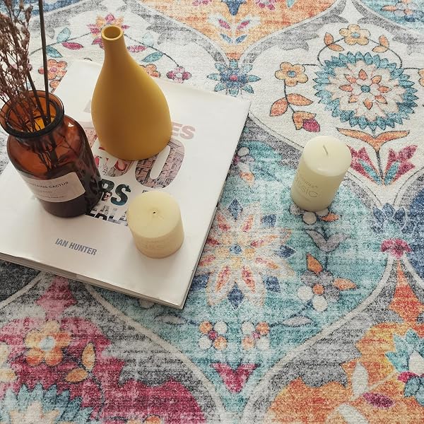 MANDALA – MACHINE WASHABLE AREA RUGS 5 X 7 FT, STAIN RESISTANT RUGS, DURABLE POLYESTER MATERIAL, PATTERNED & COLORFUL RUG, BEDROOM & LIVING ROOM RUG, ROOM & MODERN HOME DECOR – ORANGE & MULTI