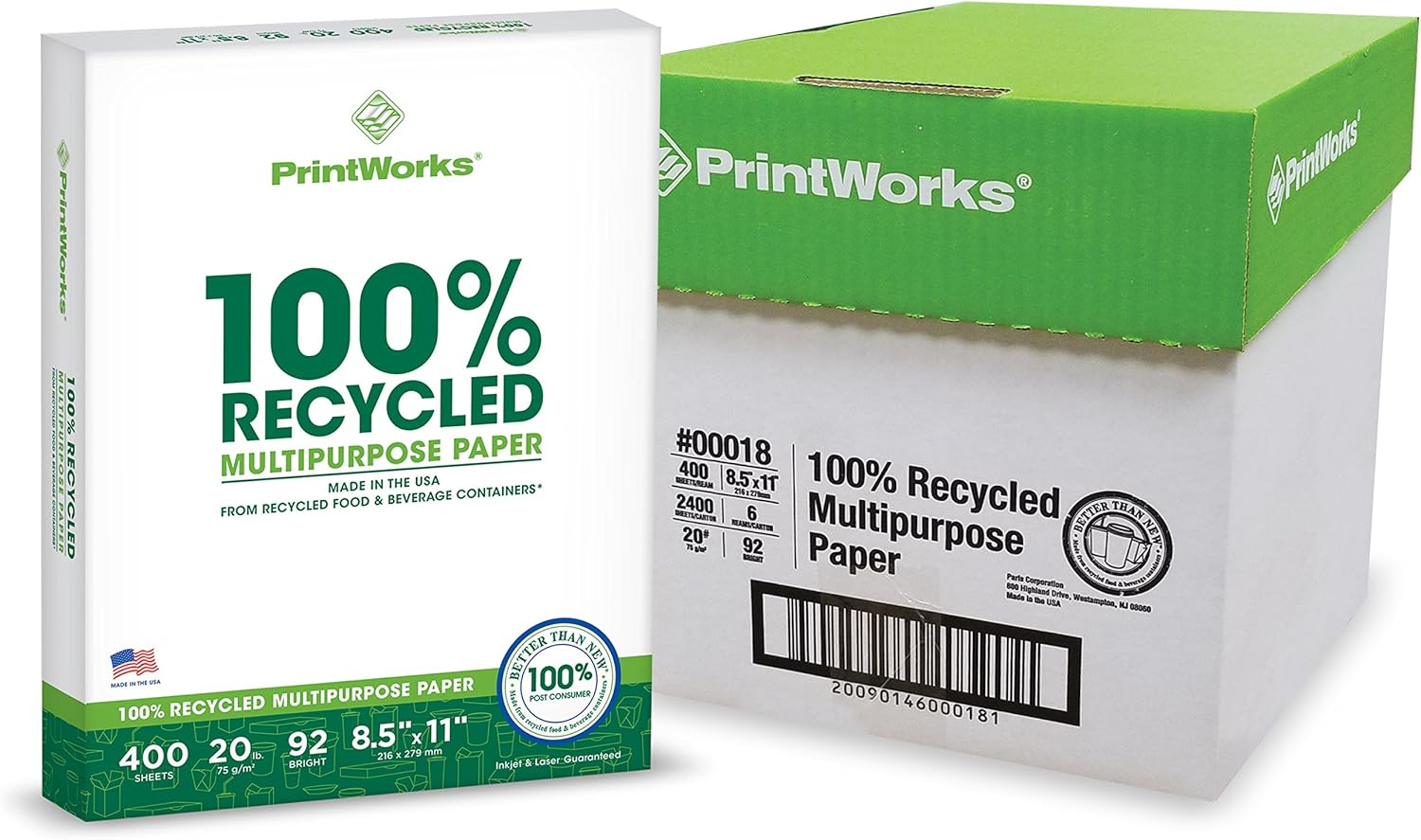 Printworks 100 Percent Recycled Multipurpose Paper, 20 Pound, 92 Bright, 8.5 x 11 Inches, White, 6 Reams 2400 sheets (00018C) : Office Products