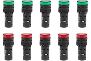 Shopcorp 20mA 16mm Energy Saving, Industrial LED Indicator Lights – 5 Green and 5 Red Bulbs for Industrial Equipment and Mount Panels in Operating Rooms and Distribution Boxes, 110/120V AC/DC