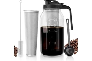 CNSNDQEDKE Cold Brew Coffee Maker - 64 oz Wide Mouth Mason Jar Pitcher with Stainless Steel Filter, Coffee Scoop, and Cleaning Brush -Glass Pitcher for Iced Coffee, Tea - Includes Pour Spout Handle Lid