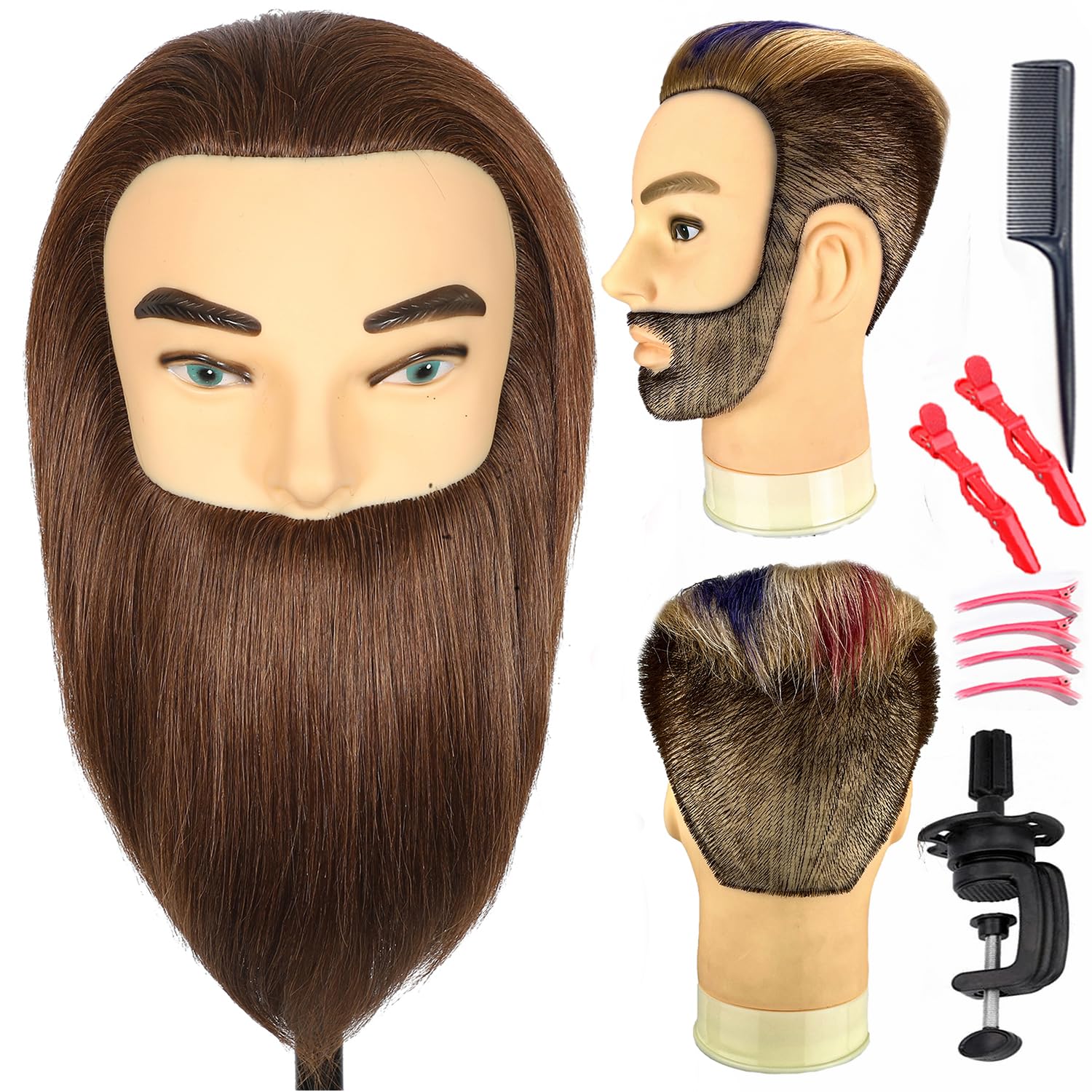 Male Mannequin Head with Beard 100% Real Human Hair