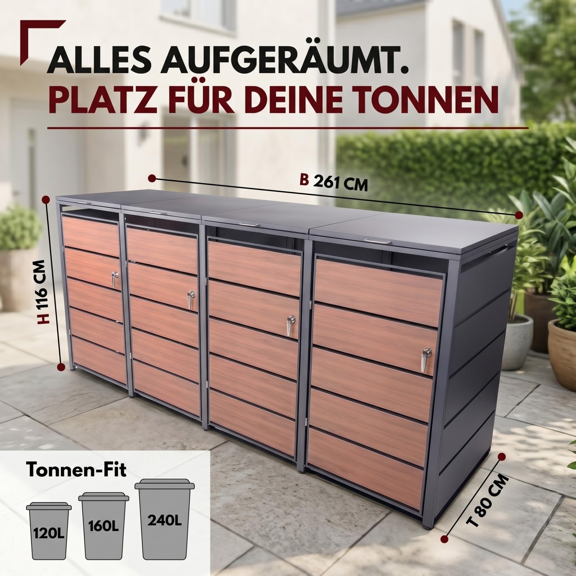 ALBATROS Mülltonnenbox 4er Holzdekor | Metall, 120-240L, abschließbar 6