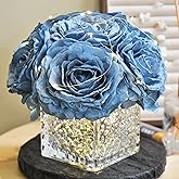 YSZL Artificial Rose in Glass Vase Vintage Silk Flower Arrangement with LED Light for Table Centerpiece Home Wedding Decoration (Dusty Blue)