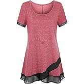 Miusey Womens Short Sleeve Tunic Tops Scoop Neck Asymmetrical Hem Tunics Chiffon Patchwork Flowy Tunic Shirts for Leggings