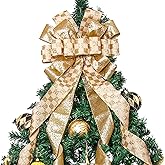 Christmas Tree Topper Christmas Wreath Bow, 52 * 13 inches Large Tree Toppers Bow with Glitter Streamer and Patterned Ribbon for Xmas Tree Décor Christmas Home Indoor Outdoor Decoration Gold