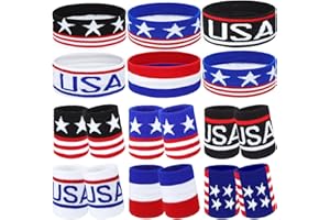 Liliful 6 Sets American Flag Sports Sweatbands USA Headband and Wristband Red White and Blue Striped Headbands for Men USA Sports Accessories for Team Gifts Basketball Football Running Gym Exercise