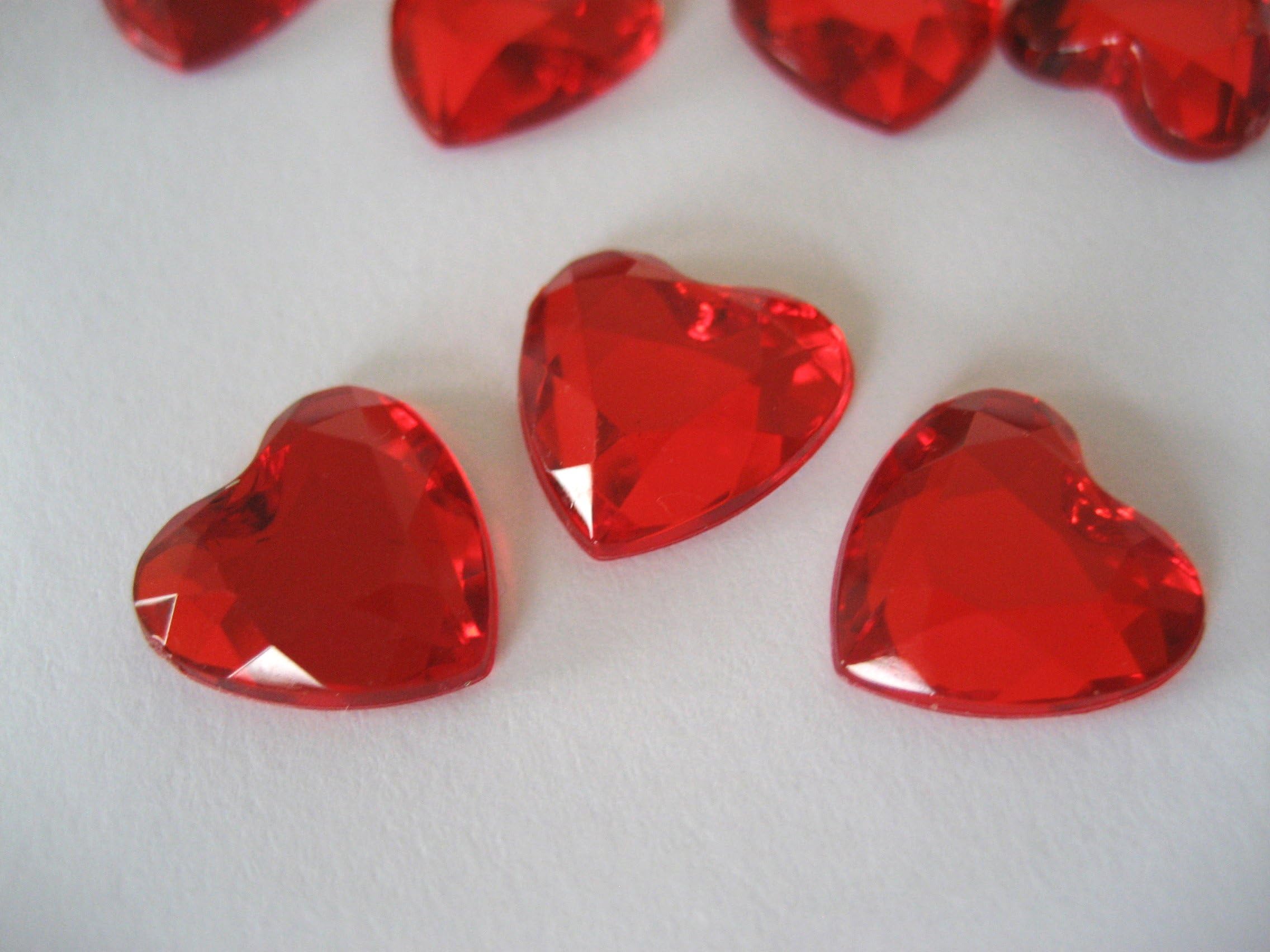 100 Wedding Party Table Gems Confetti Crystals 10mm Heart shaped With a Silver Plate Back (Red)