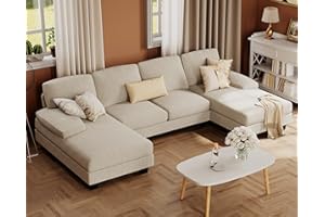 Furmax Sectional Couches for Living Room, U-Shaped Sofa Couch with Linen Fabric, 4 Seat Sofa Set with Double Chaise for Apartment (Corduroy, Beige)