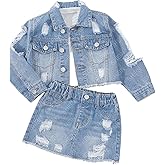 WDIRARA Girl's 2 Piece Outfit Ripped Button Front Long Sleeve Denim Jackets and Mini Skirts Set