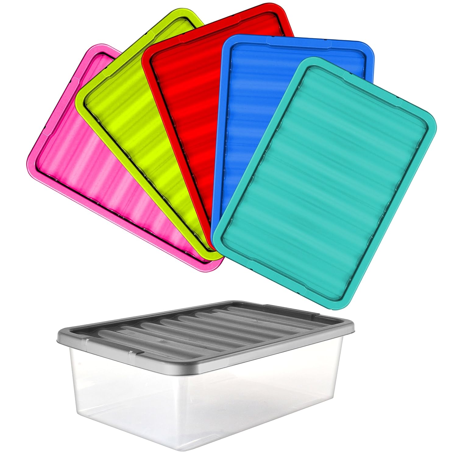 CrazyGadget® 32L 32 Litres Large Big Plastic Underbed Storage Clear Box with Colour Lid Strong