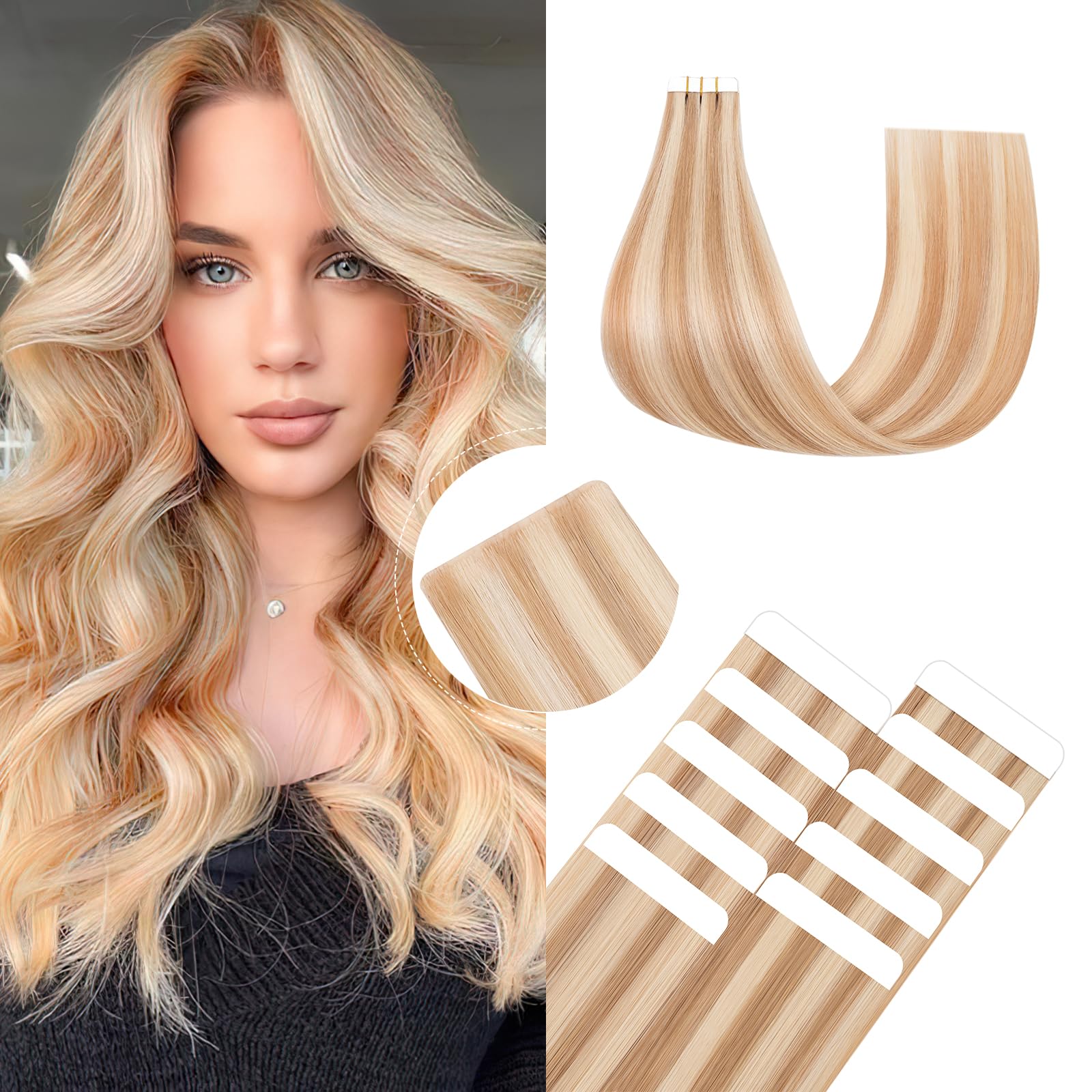 SEGOHAIR Tape in Hair Extensions Human Hair Virgin Hair Pieces Injected Remy Tape Hair Extensions, Invisible Seamless for Women 22" 12.5g 5pcs Strawberry Honey Blonde & Blonde — image 1