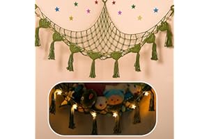 IHANSEE Stuffed Animal Storage Hammock, 56'' Jumbo Boho Macrame Tassels Corner Toy Holder Wall Hanging Net Organizer for Nursery Teddy Plushie, Avocado Green Plush Toy Net with Star Light for Baby Boys Girls