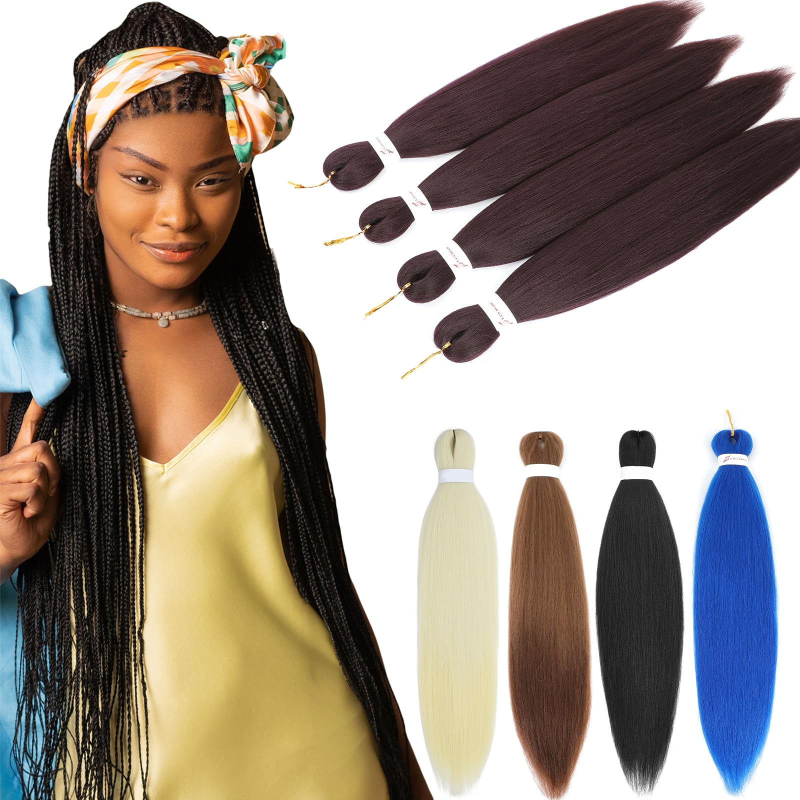 Yamel Pre Stretched Braiding Hair Wine Red Long 24 inch 4 Bundles Yaki Easy Braids Synthetic Braid Hair Extensions for Braiding