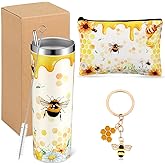 Uiifan 3 Pcs Christmas Bee Themed Gifts Bee Tumbler 20 oz with Lid and Straw, Bee Cosmetic Bag Makeup Bags and Bee Keychains for Women Bee Lovers, Beekeepers