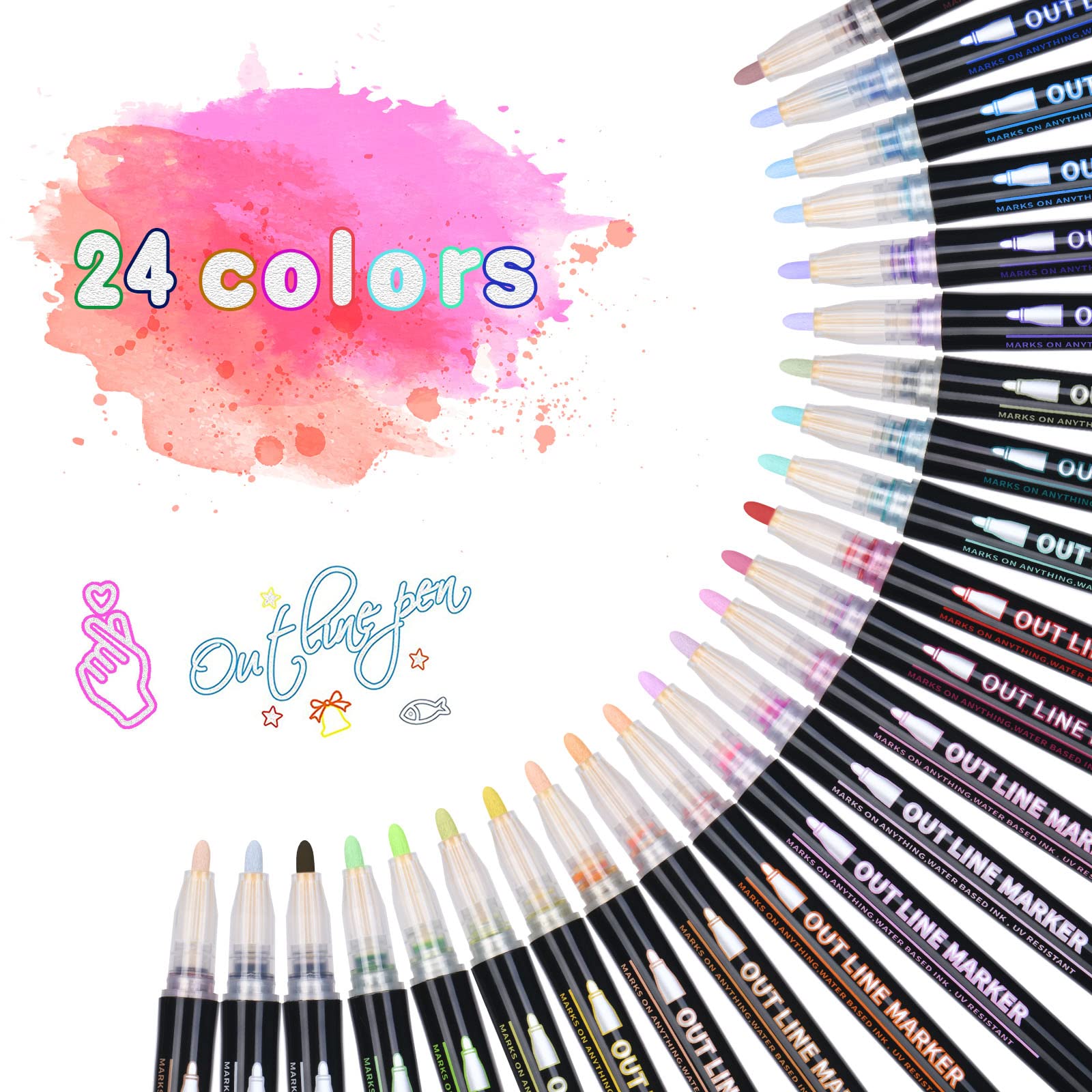 Vicloon Glitter Pens Outline Marker Pen, 24 Sparkle Metallic Colouring Pens for Scrapbooking, Gifts for Teenage Girls, Stocking Fillers Kids, Arts and Crafts for Kids, Gifts for 4-12 Year Old Girls
