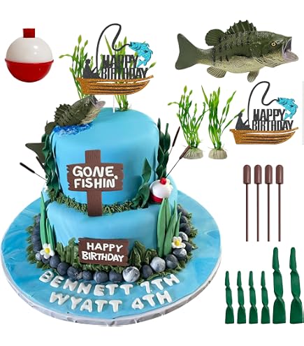 41 Pieces Gone Fishing Cupcake Topper Happy Birthday Cake Topper