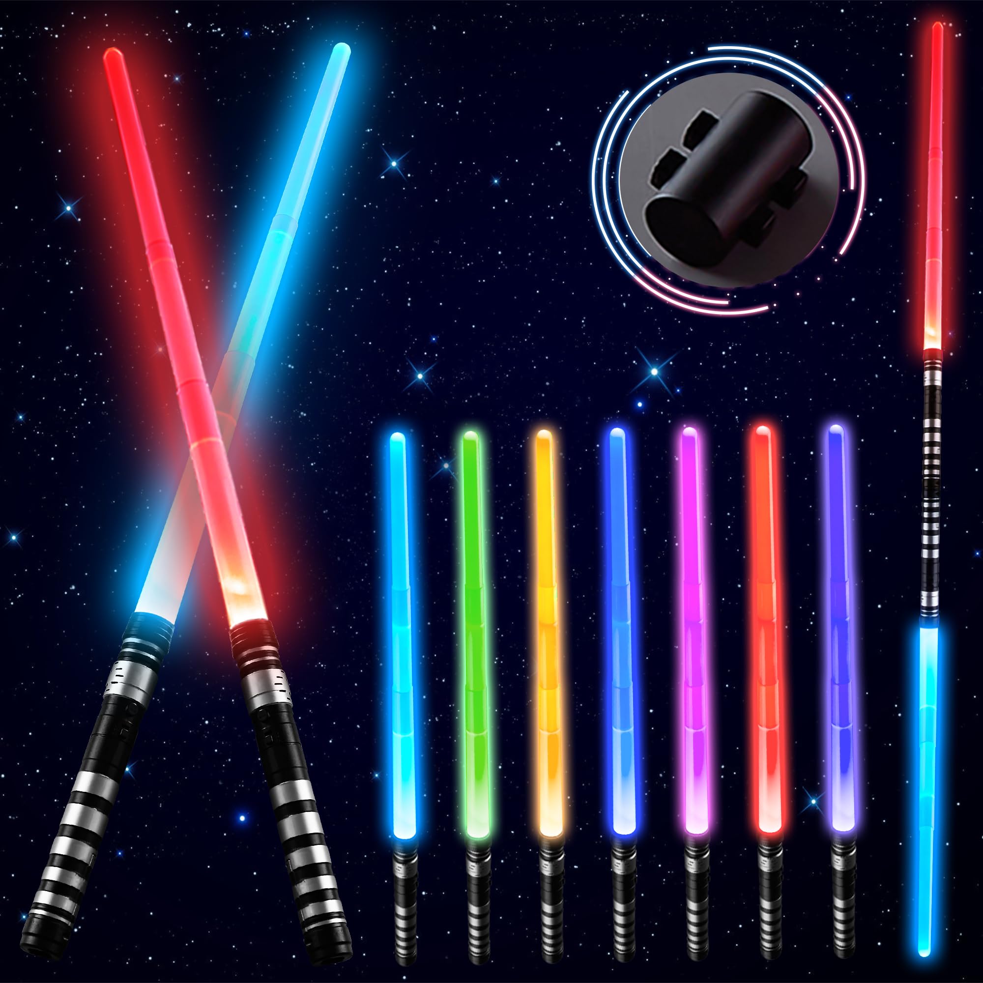 BASUNLOY Light Up Saber for Kids 2 Pack, 2-in-1 Dual Light Sword with FX Sound, Expandable Light Swords Set for Galaxy Wars Fighter Warriors Dress Up Party Gifts (75cm-Silver)