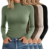 Riyiper 4 Pack Cotton Women's Mock Turtleneck Long Sleeve Tops Ribbed Lettuce Trim Slim Fit Basic Shirts Thermal Base Layer(Matcha Green, Mocha, Black, Apricot,Large)