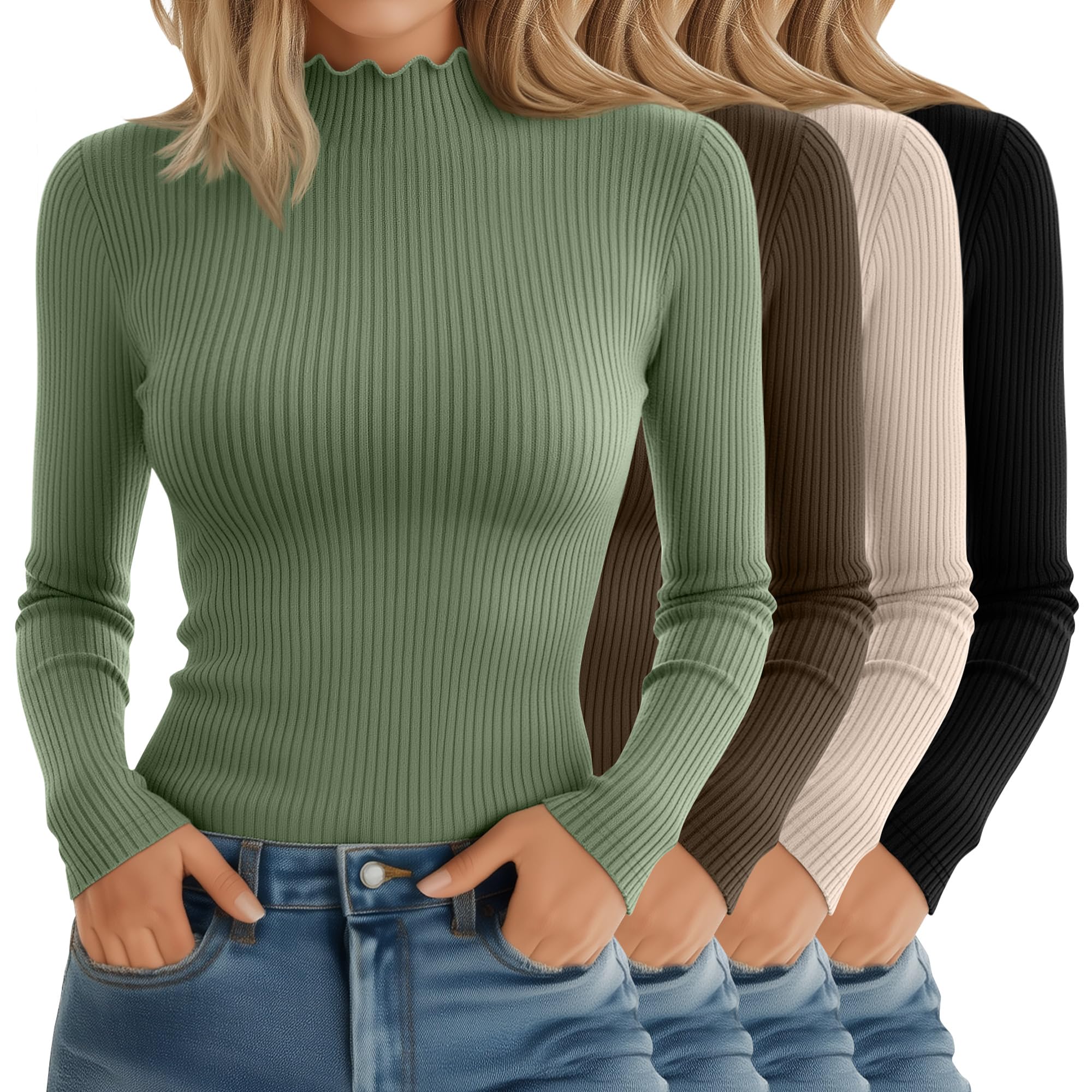 Photo 1 of Riyiper 4 Pack Cotton Women's Mock Turtleneck Long Sleeve Tops Ribbed Lettuce Trim Slim Fit Basic Shirts Thermal Base Layer(Matcha Green, Mocha, Black, Apricot,Medium)