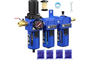 NEWPO 3/8" NPT Air Compressor Water Separator-Air Filter Regulator Lubricator Combo, Water/Oil Trap Separator,Brass Filter & Desiccant Dryers,Semi-Auto Drain,Metal Bracket-Blue