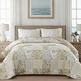 Drucon Beige Quilt Set King Size, Patchwork Pattern Spring Summer Bedspread Bedding Set, 3 Pieces Soft Lightweight Plaid Coverlet with 2 Pillow Shams for All Season 104x90 Inch