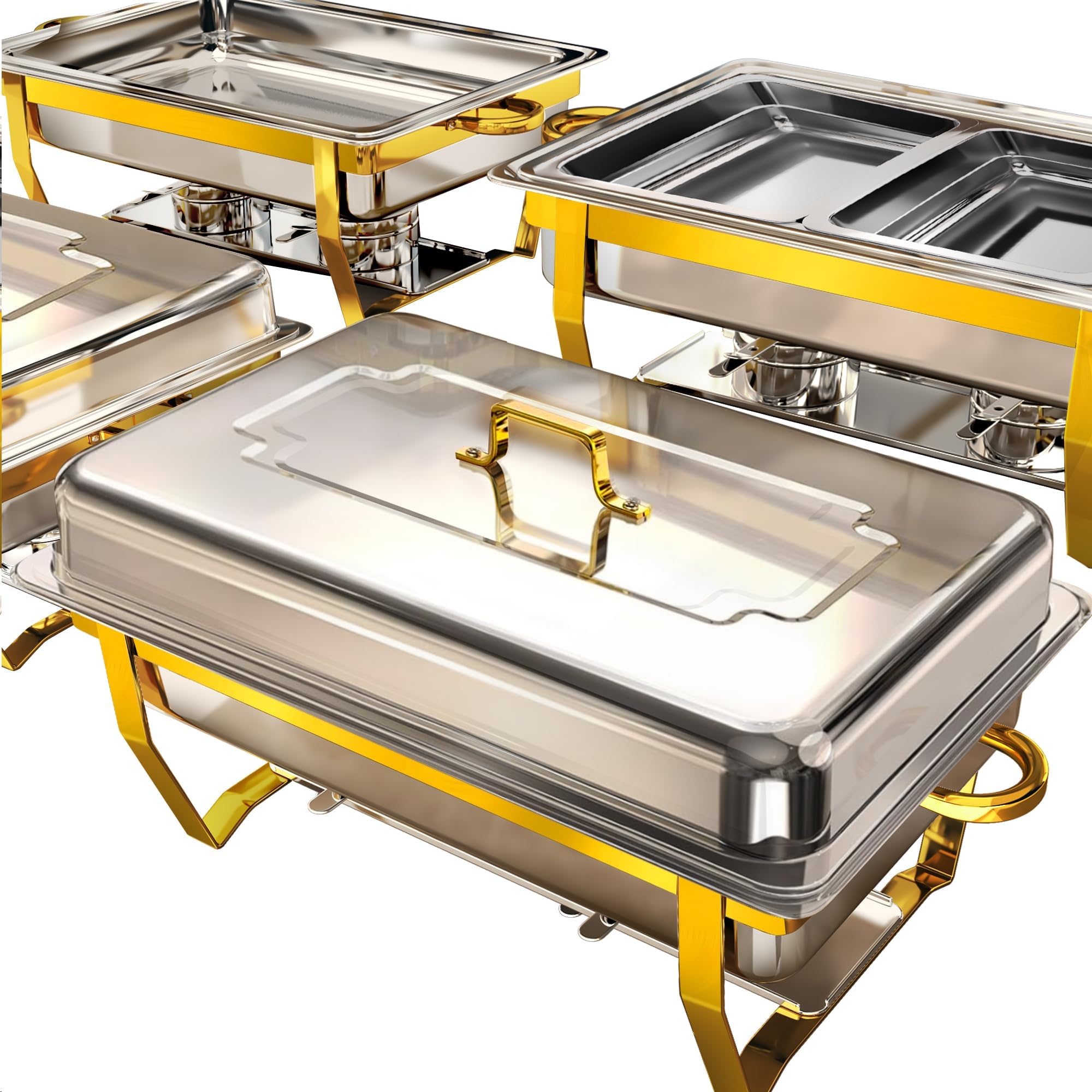 Photo 1 of Chafing Dishes for Buffet 4 Pack, [Elegant Gold and Silver] Stainless Steel Chafing Dish Buffet Set, 9QT No-Finger Cut Roll Edge Chafers and Buffet Warmers Sets for Party (Gold 1/2 Panx2+Full Panx2)