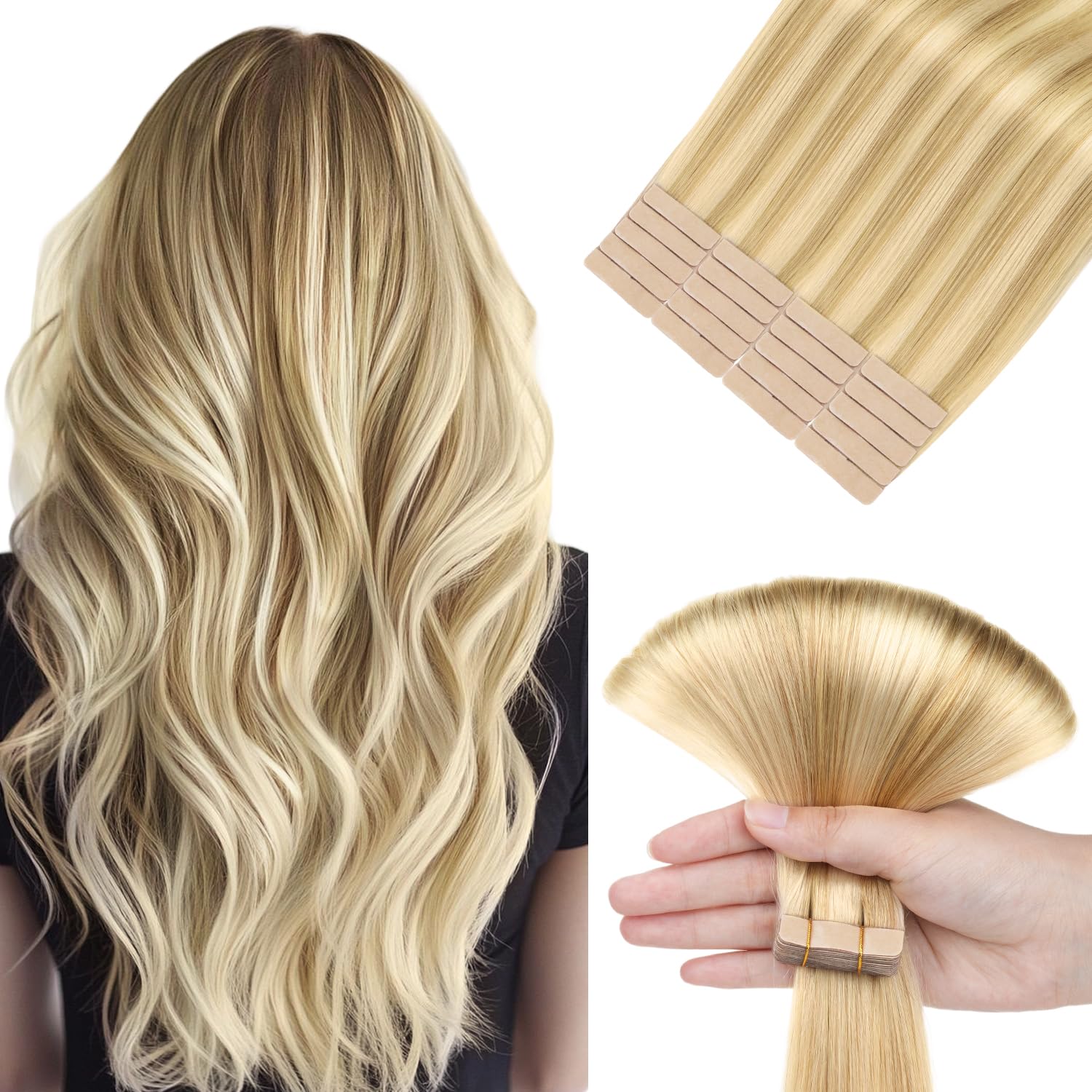 hotbanana Tape in Hair Extensions, 18 Inch Tape in Hair Extensions Human Hair 20pcs 50g Light Blonde Highlighted Golden Blonde (Warm Tone) Tape Hair Extensions Straight Human Hair Tape in Extensions