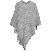 Fomolom Womens Poncho Sweater V Neck Knitted Pullover Shawls Wraps Capes with Fringes Gifts for Women Mom