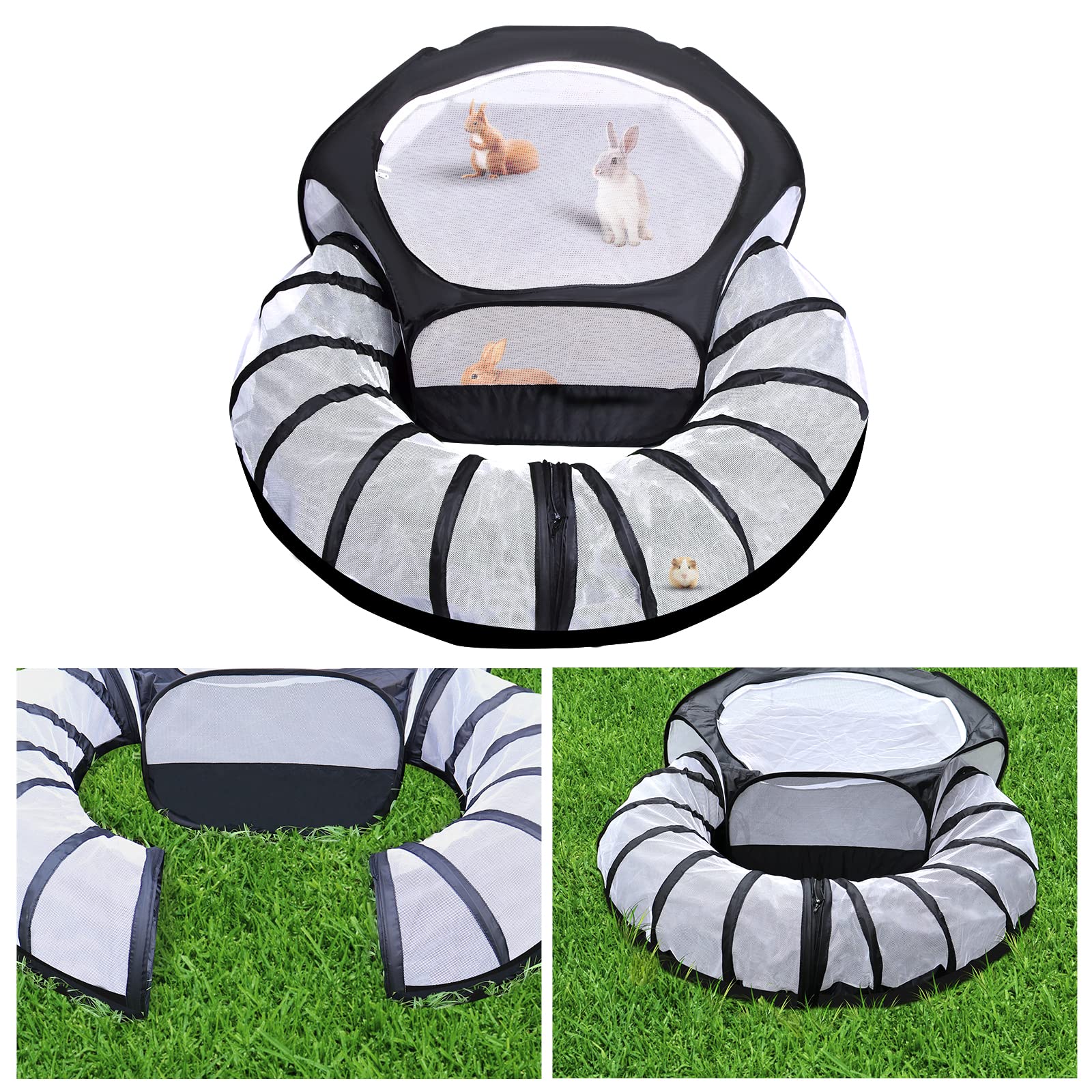 Hipet Small Animals Playpen, Waterproof Pet Fence with Fun Surround Tunnel, Portable Exercise Indoor Outdoor Anti Escape Cage for Hamster Guinea Pig Kitten Puppy Rabbit Hedgehog Ferret, Black White