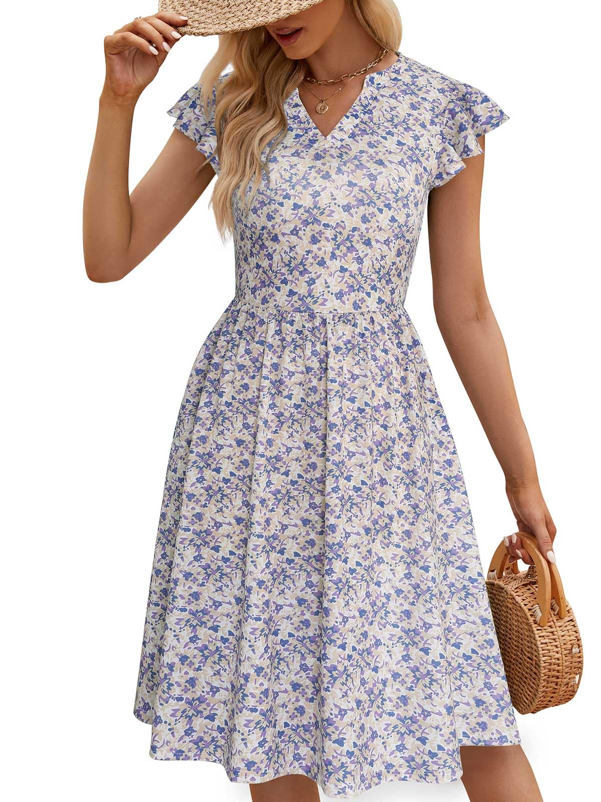 Photo 1 of (medium) YATHON Women's Casual Dresses Floral Print Cute Short Sleeve Notched Neck Ruffle Hem Dress for Women Wedding Guests 