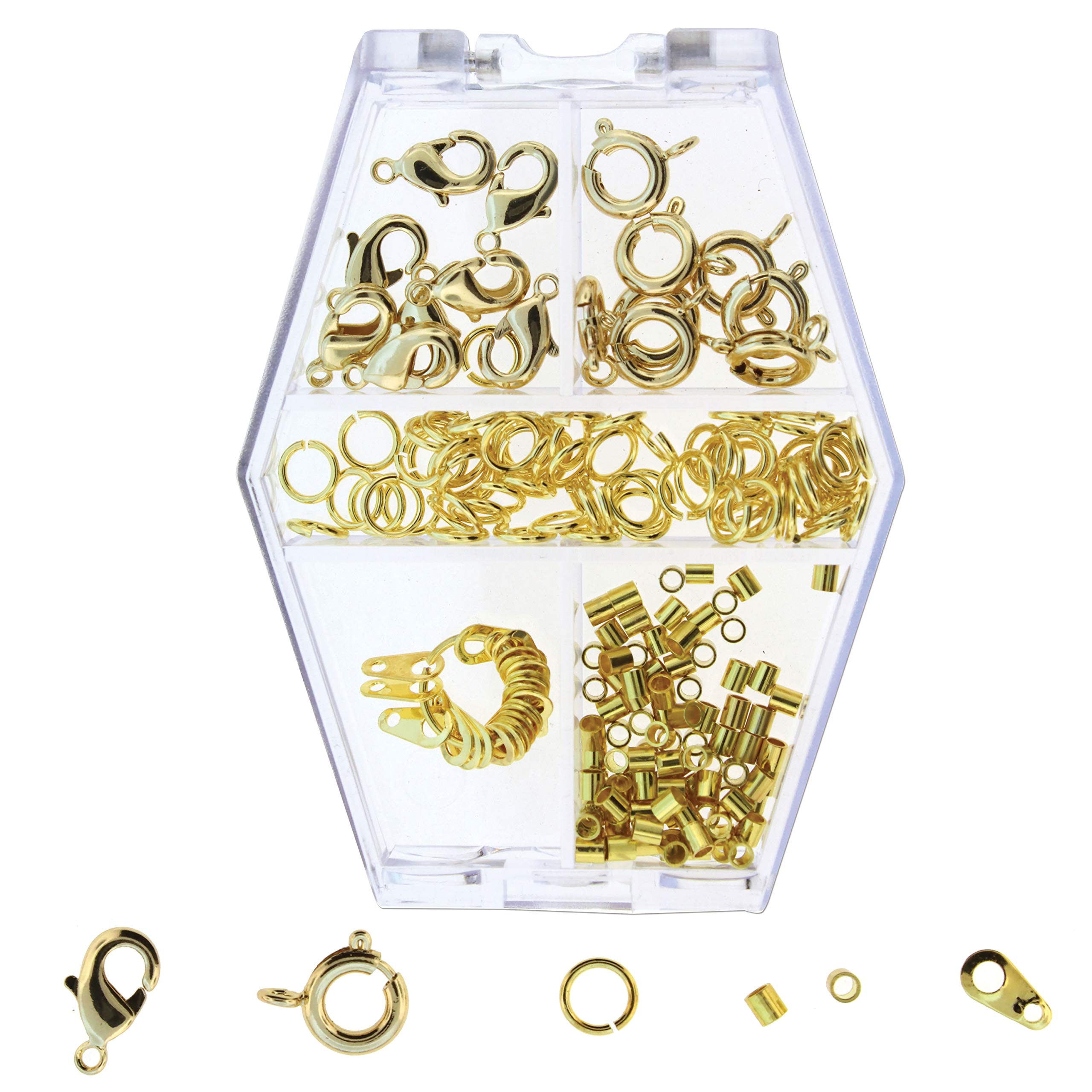 The Beadsmith Basic Elements Findings Assortments for Jewelry Making and Repair, Includes Lobster Clasps, Spring Rings, Jump Rings, End Tags, and Crimp Beads, Gold Color