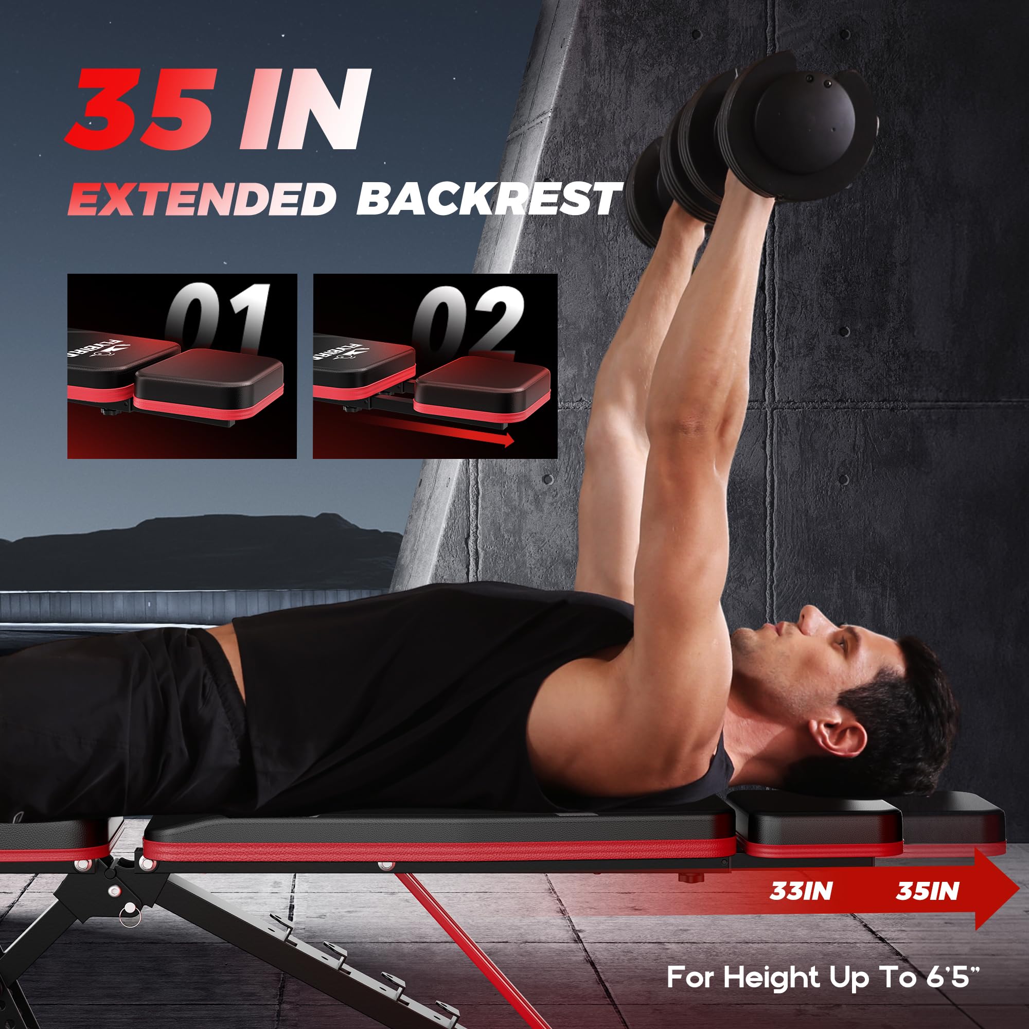 FLYBIRD Adjustable Weight Bench Fits up to 6'5'', 750LBS Capacity for Full Body Workout, 27LBS Sturdy Foldable Bench Press for Home Gym, 5X Stable Lifting Bench Incline Decline Flat Dumbbell Exercise