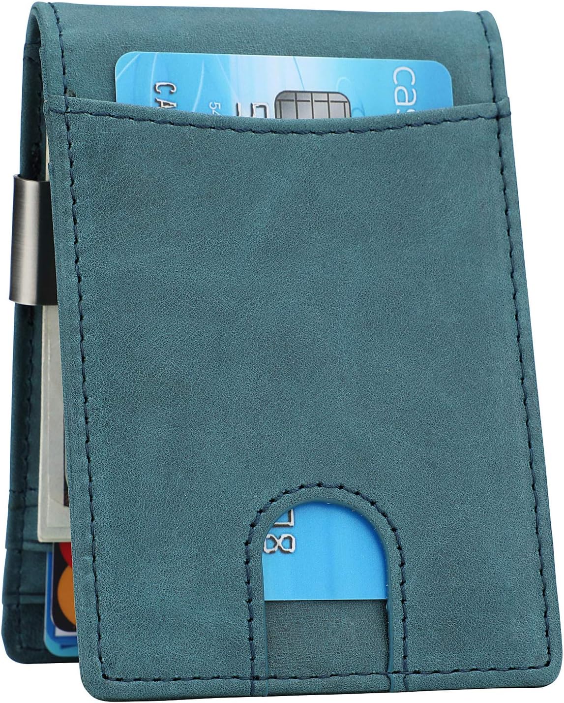 Money Clip Wallet - Mens Slim Front Pocket Leather Wallet RFID Blocking Minimalist Mini Wallet (Vintage Blue)