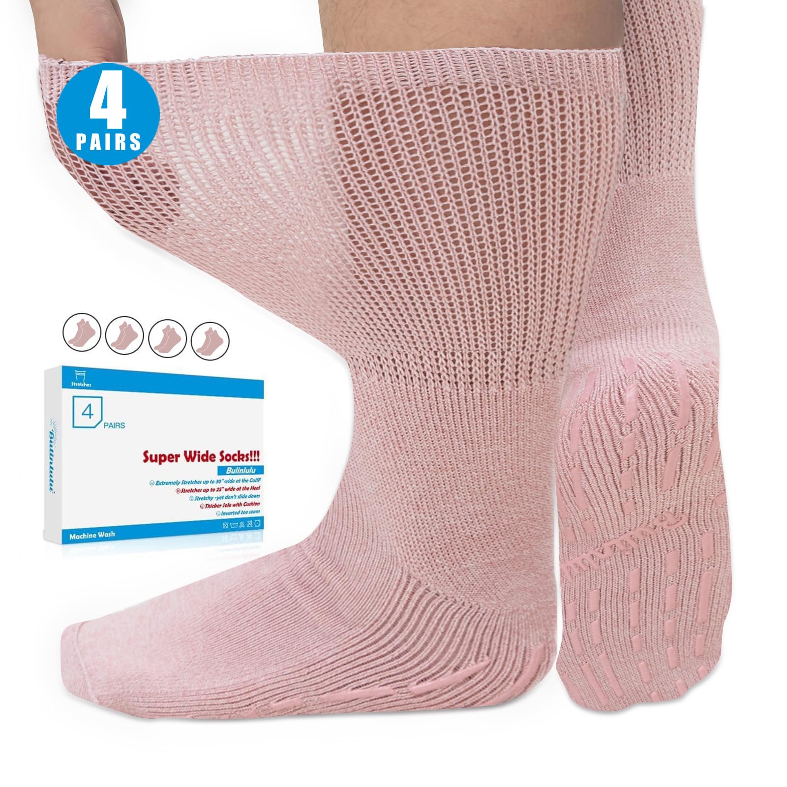 Photo 1 of Bulinlulu Extra Width Socks for Swollen Feet-Non Slip Super Width Diabetic Hospital Socks, Bariatric, Cast Socks for Men,Lymphedema Socks-4 Pink,4 Pairs Pink Super Wide With Grips