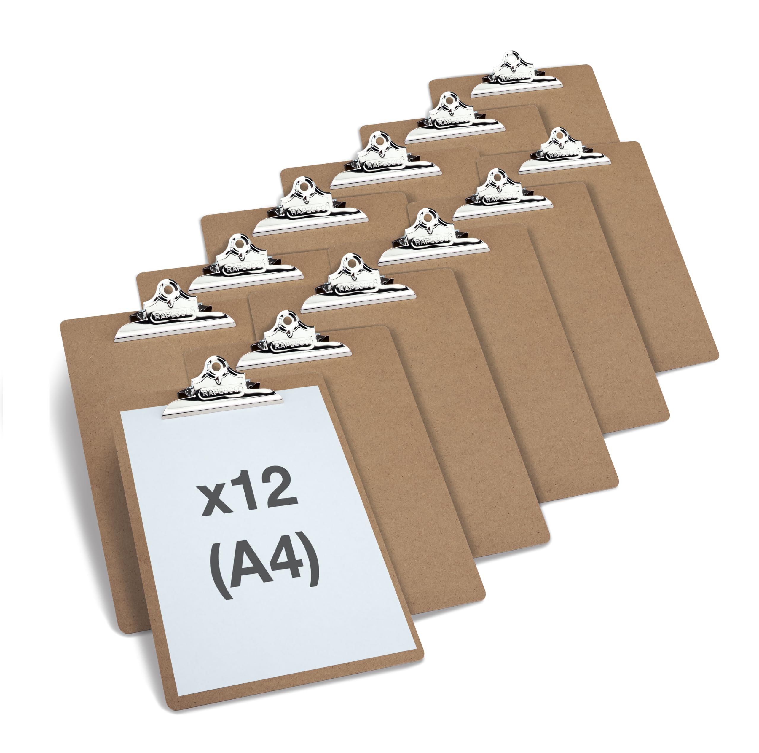 Rapesco 1521A Business Pack: 12 Heavy Duty Hardboard Clipboards, A4, Brown