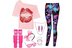 DANGCOS 80s Outfit Costumes Accessories for Women Off The Shoulder Tops Shirts Neon Leggings with Leg Warmers