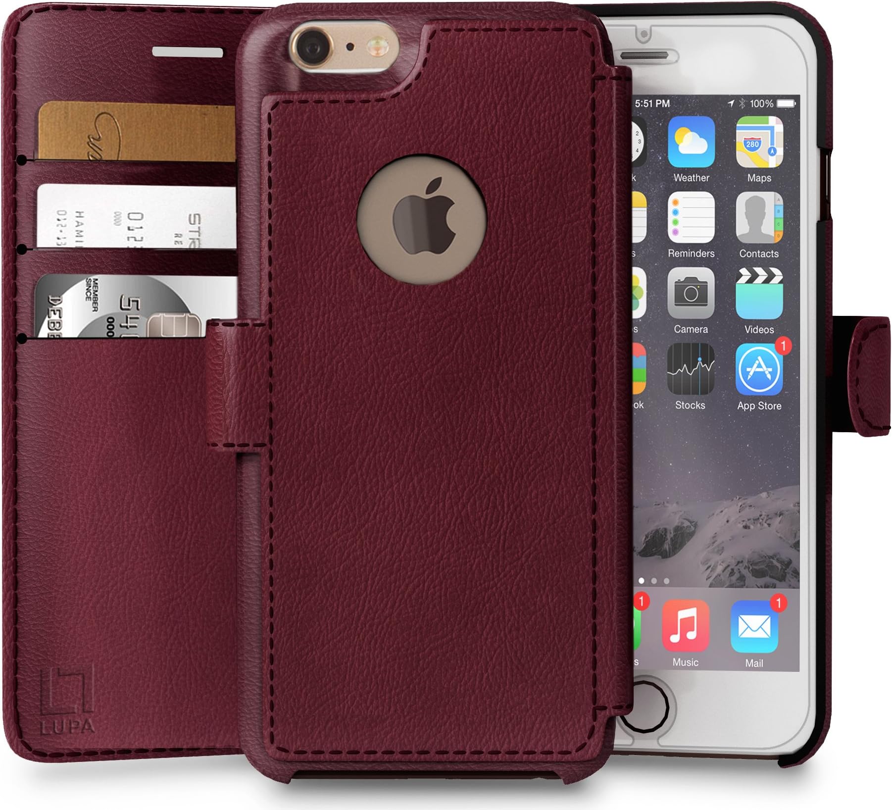 LUPA iPhone 6S Plus Wallet case, iPhone 6 Plus Wallet Case, Durable and Slim, Lightweight with Classic Design & Ultra-Strong Magnetic Closure, Faux Leather, Burgundy, for Apple iPhone 6s Plus/6 Plus