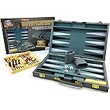 Matty's Toy Stop Deluxe 15" Backgammon Briefcase (Vinyl Gray Attache) with 3-in-1 Chess, Checkers & Backgammon Wooden Travel 