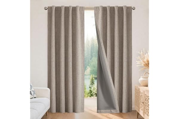 Joydeco Blackout Curtains 2 Panels - Natural Linen Curtains 84 Inch Long, Thermal Insulated Linen Light Blocking Drapes, Rod