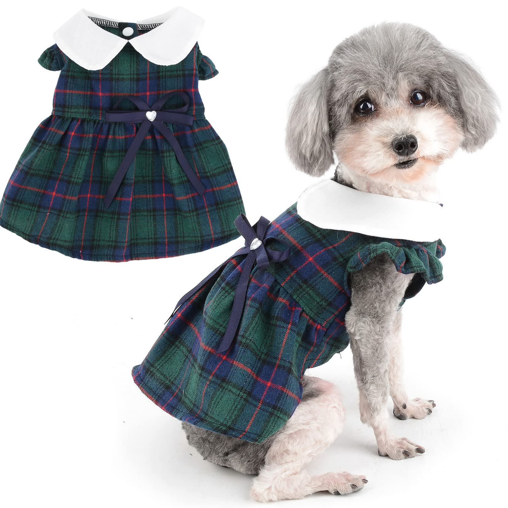 Zunea Plaid Dog Dresses for Small Dogs Summer Princess Dress with Bowknot Cute Puppy Clothes Ruffles Sleeveless Skirt Soft Female Dress Pet Chihuahua Yorkie Apparel Green S