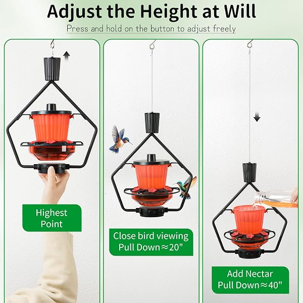 GOMAZONLE RETRACTABLE HUMMINGBIRD FEEDER, 19OZ TOP-FILL WIDE MOUTH WITH HEIGHT ADJUSTMENT, UV-RESISTANT ASA PLASTIC, 100% LEAK-PROOF BASE& DISHWASHER SAFE FEEDERS FOR OUTDOOR HANGING, BLACK