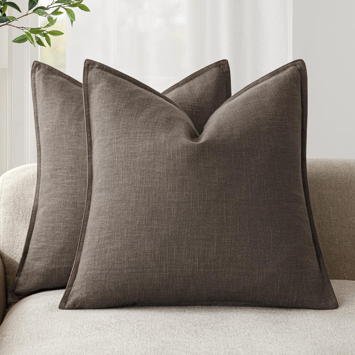 Foindtower Set of 2, Decorative Linen Soild Throw Pillow Covers Soft Accent Euro Cushion Case Boho Farmhouse Neutral Pillowcase for Couch Sofa Bedroom Living Room Home Decor 22 x 22 Inch Dark Brown
