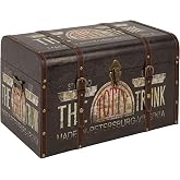 Household Essentials Large Decorative Storage Trunk with Vintage Decoupage, Leather and Metal Accents, Green and Black Finish