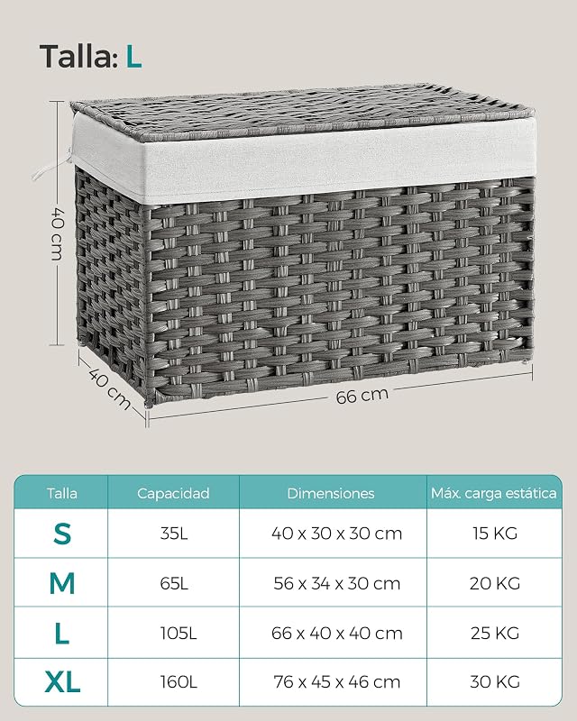 Cesto de Ropa Sucia, Cesta de Ratán Sintético 105 L con Tapa y Asas, Mimbre, Plegable, Forros Extraíbles, para Mantas, Ropa, Dormitorio, Baño, Lavandería, Gris Paloma RST066G01