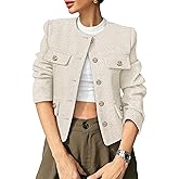 COCCKO Women's Tweed Blazers Trendy Fall Casual Collarless Button Down Sequin Tops Cropped Jackets with Pockets
