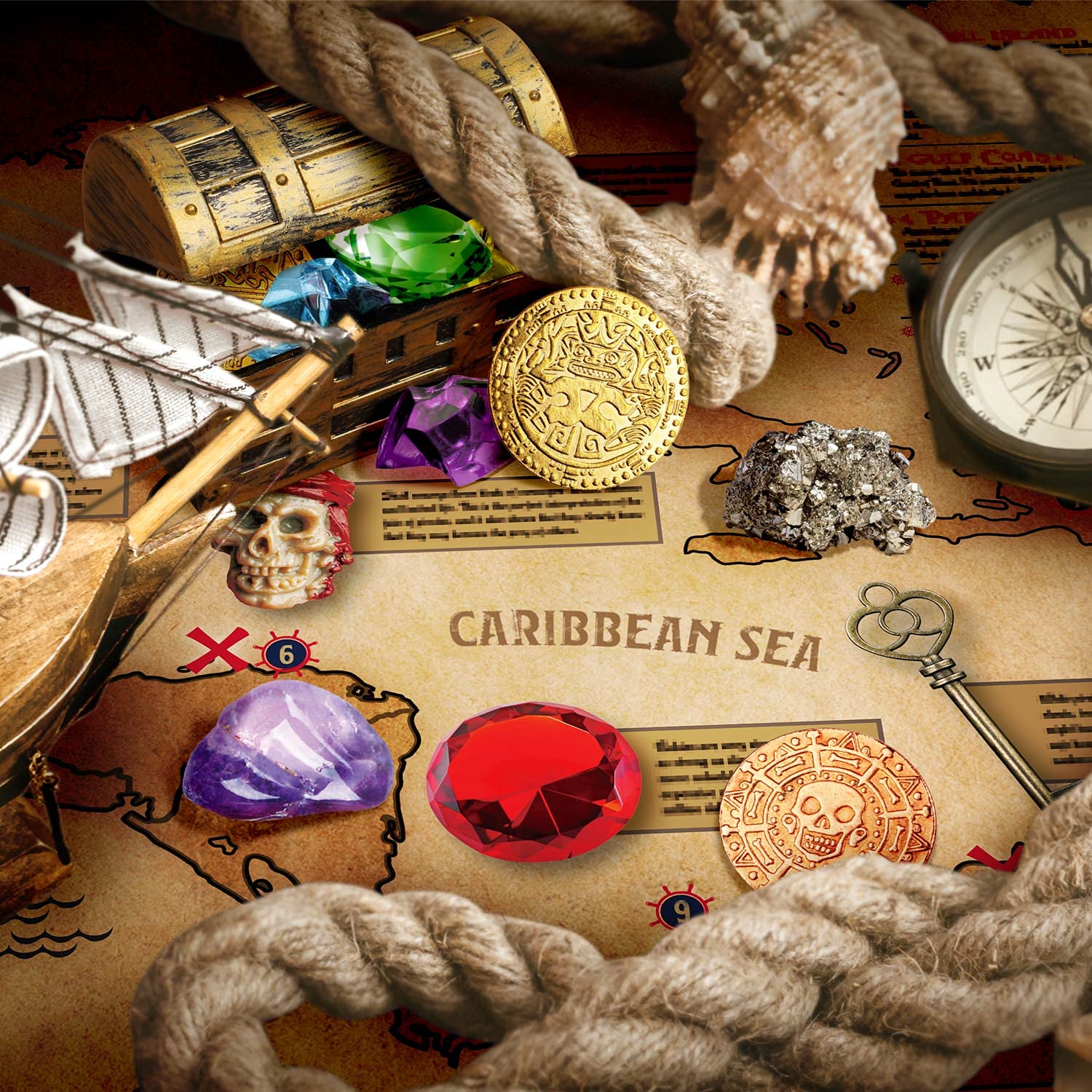 XXTOYS Jumbo Pirate Dig Kit - Dig up 12 Pirate Treasures, Gemstones, Gold Coins - Pirate Toys for Kids - Great Birthday Party Supplies, Gifts Idea for Boys & Girls - Includes Treasure Chest