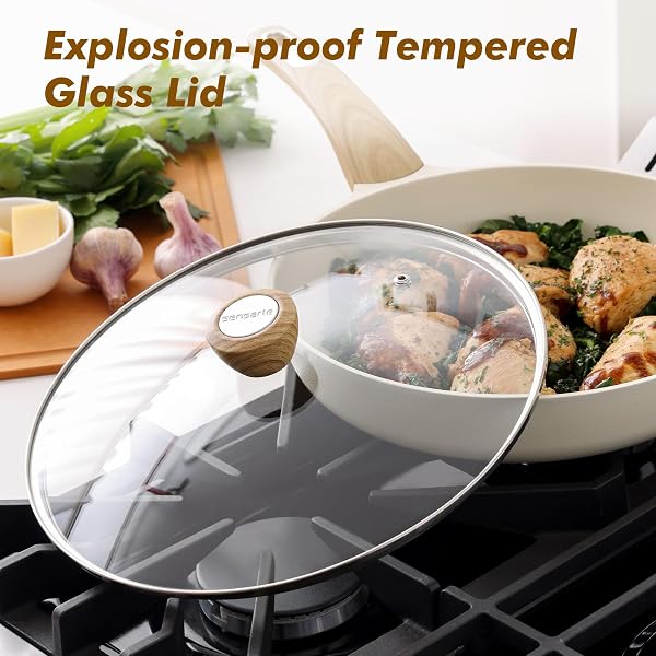 SENSARTE CERAMIC NONSTICK FRYING PAN SKILLET WITH LID, 9.5INCH NON STICK PAN OMELET PANS, NON-TOXIC KITCHEN COOKING CHEF’S PAN, FREE OF INTENTIONALLY ADDED PFAS/PTFE/PFOA, INDUCTION COMPATIBLE, WHITE