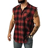 Sleeveless Flannel Shirt Men - Lightweight Plaid Casual Button Down Shirt Cowboy Vest with Raw Hem